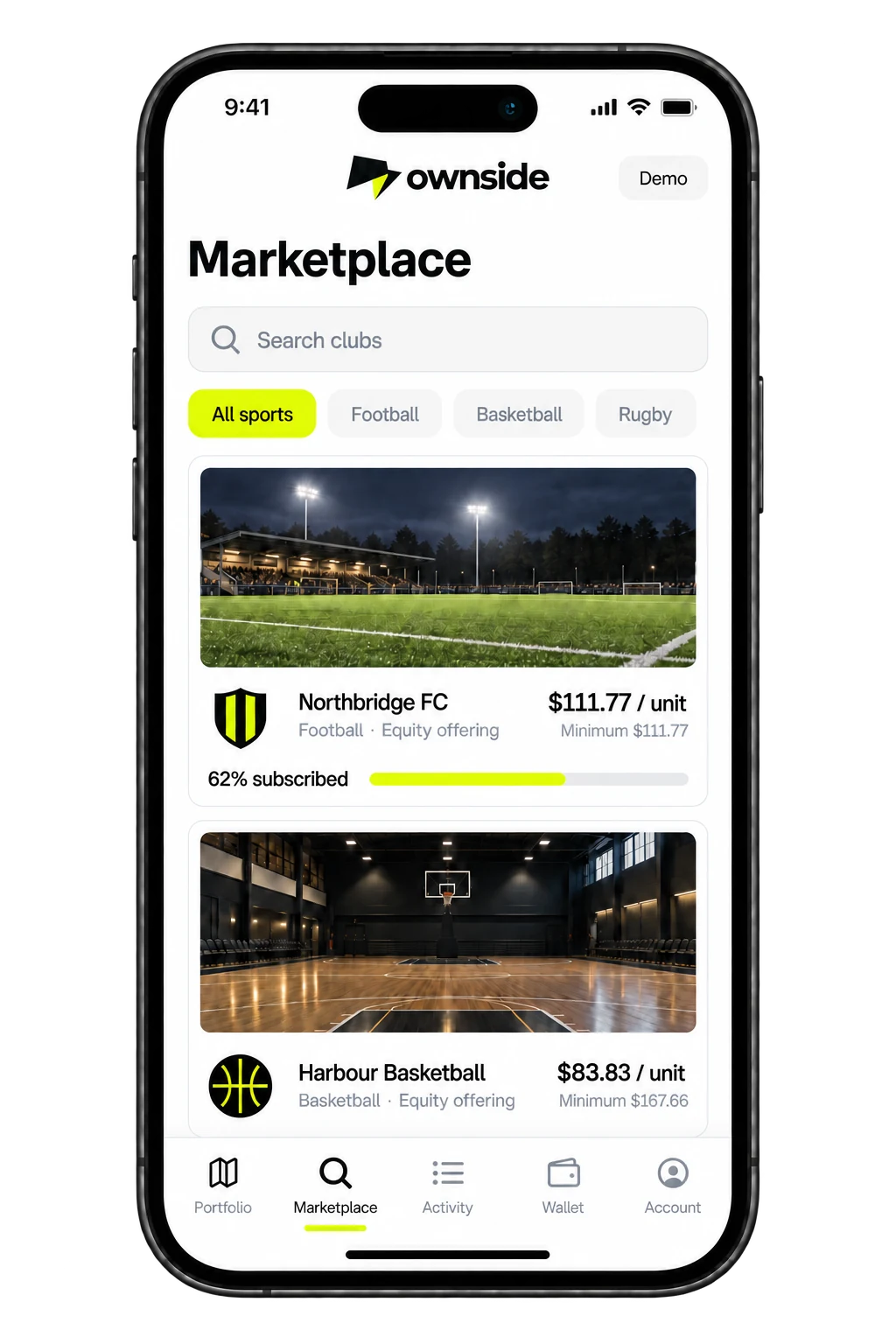 Ownside mobile marketplace concept with illustrative club offerings