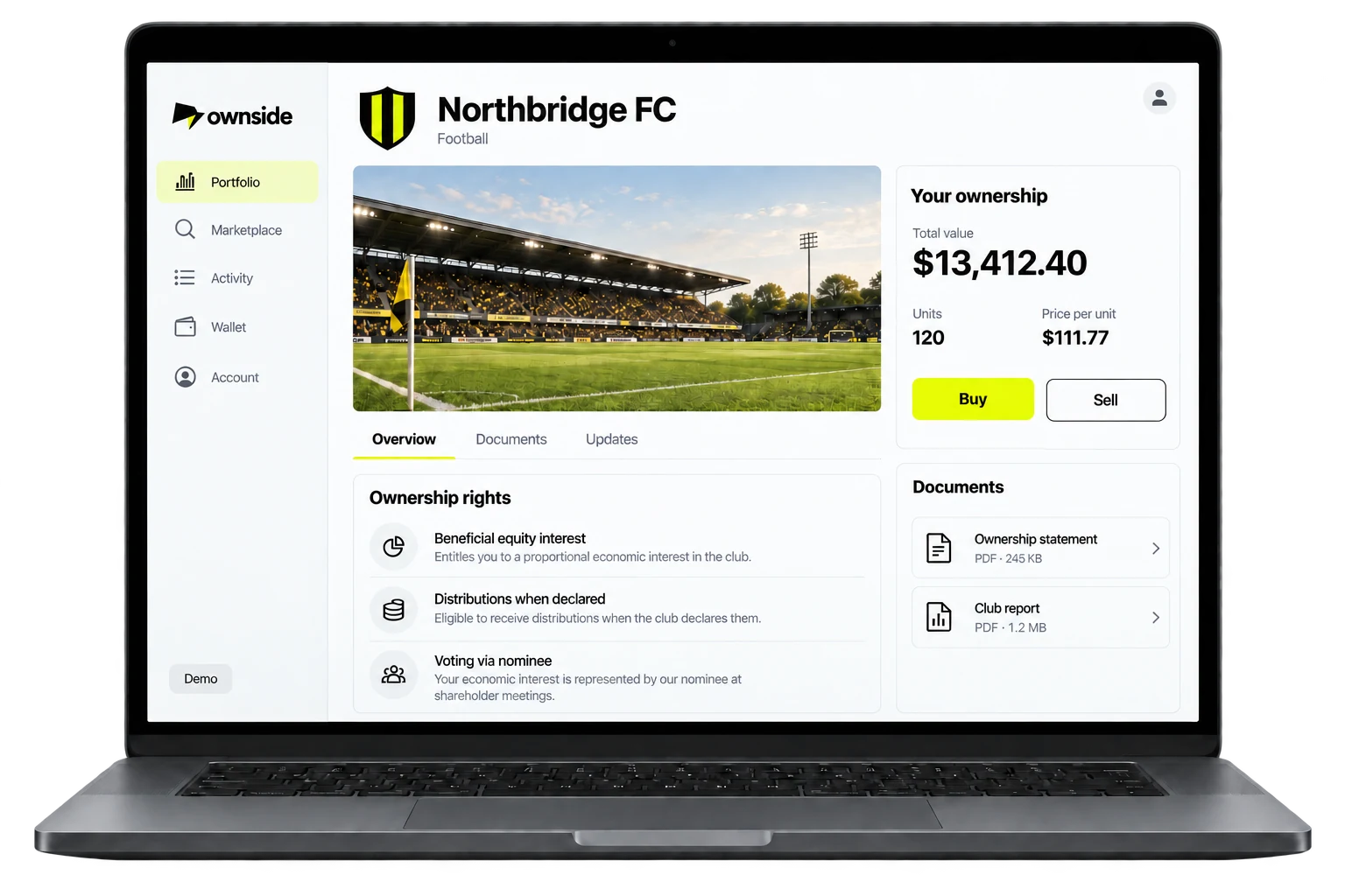 Ownside web ownership concept on a laptop, with an illustrative club, holding and documents